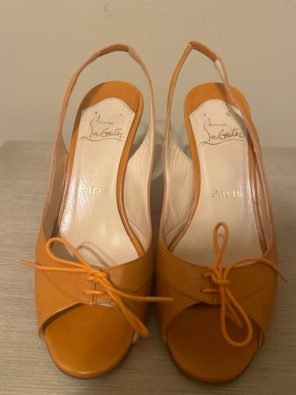 Christian Louboutin Orange Leather Bow Peep-Toe Slingbacks